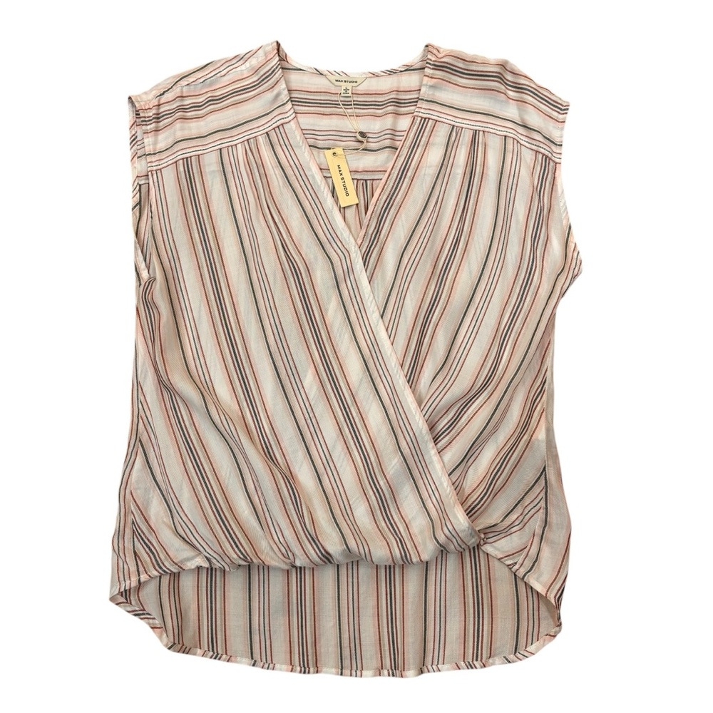 Max Studio NWT Striped V-Neck WRAP BLOUSON SHIRTTAIL sleeveless Women's Top sz L